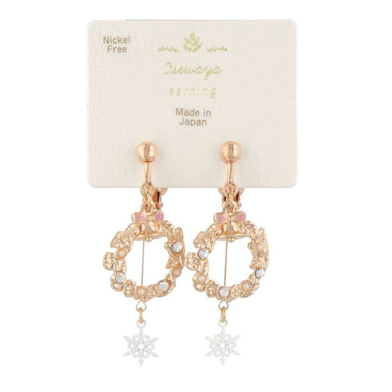 イヤリング ニッケルフリー クリスマス リース 雪の結晶 メタル ネジバネ式イヤリング