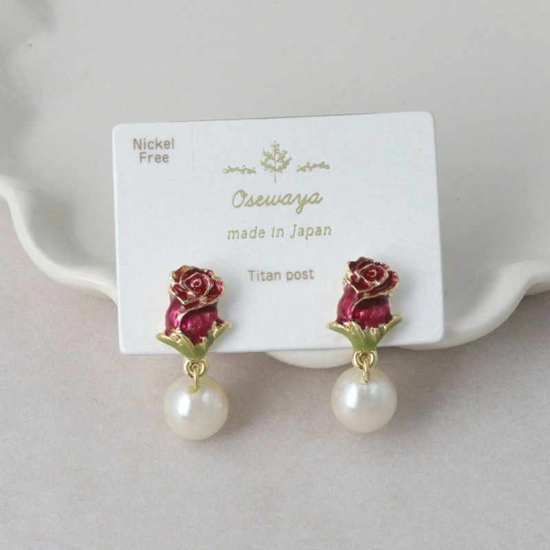 ピアス ニッケルフリー 薔薇 パール チタンポスト スタッドピアス