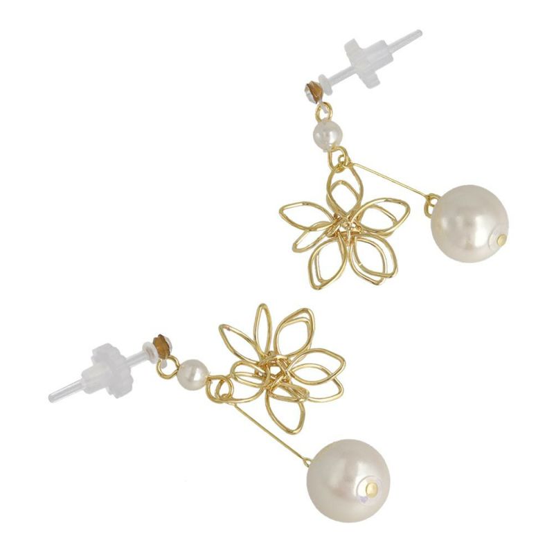 樹脂ピアス ワイヤー フラワー 花 パール ストーン スタッドピアス