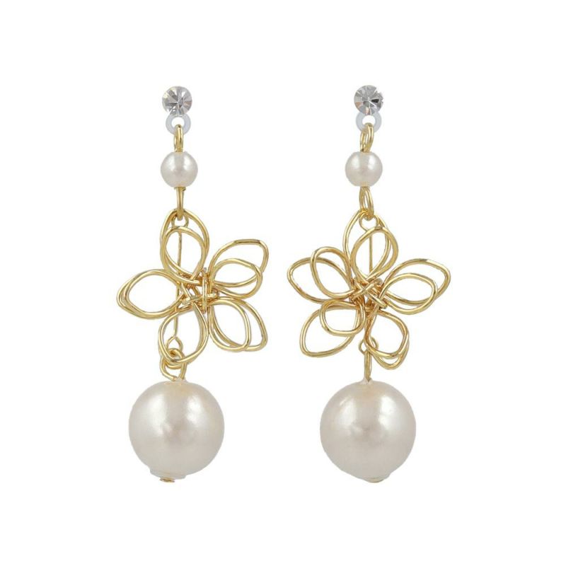 樹脂ピアス ワイヤー フラワー 花 パール ストーン スタッドピアス