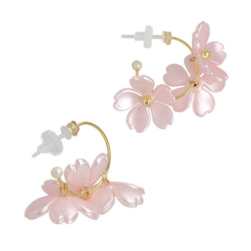 樹脂ピアス 桜 パール メタル C型 スタッドピアス