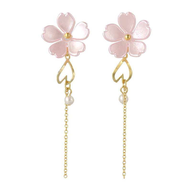 樹脂ピアス 桜 花びら パール メタル チェーン ドロップピアス