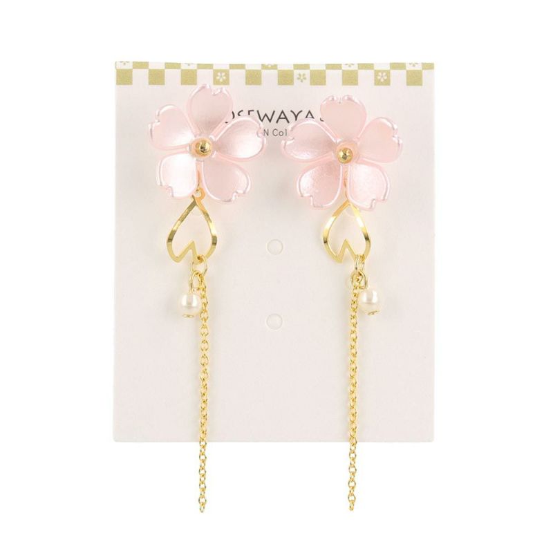 樹脂ピアス 桜 花びら パール メタル チェーン ドロップピアス