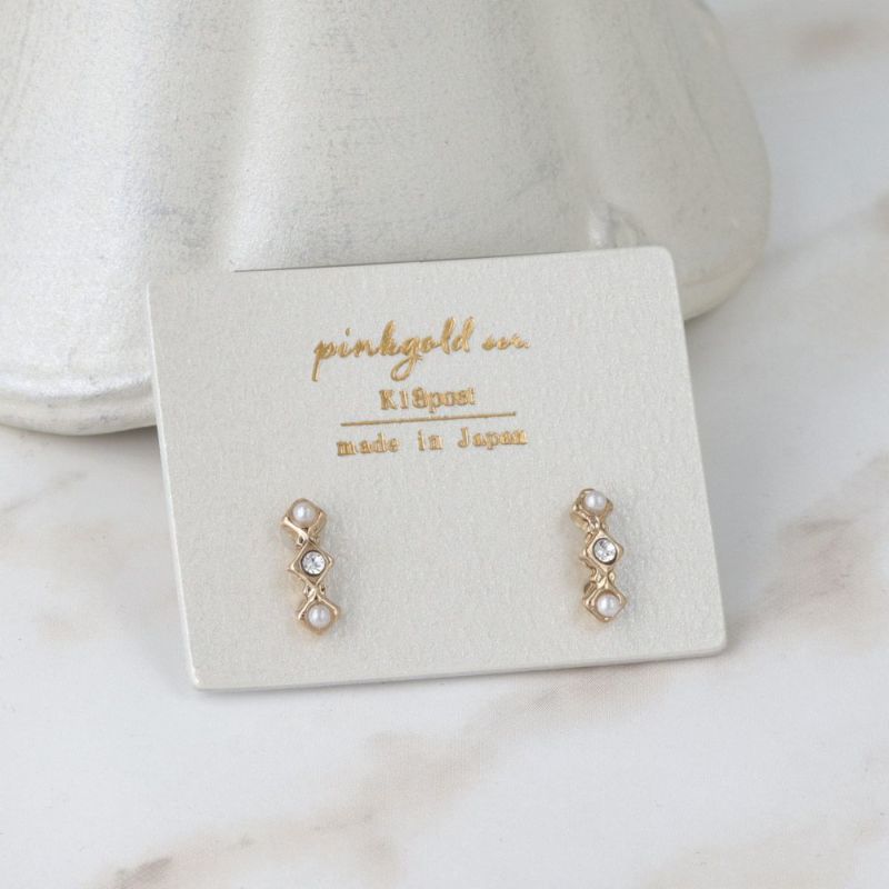 ピアス スクエア ストーン パール K18ピンクゴールドポスト スタッドピアス