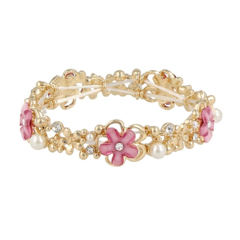 ブレスレット ニッケルフリー メタル フラワー 花 パール ストーン ゴムブレスレット