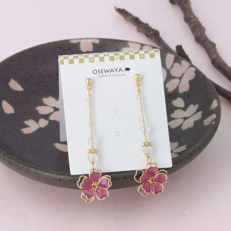 ピアス ニッケルフリー メタル ワイヤーフラワー 桜 クリア ビーズ チェーン チタンポスト スタッドピアス
