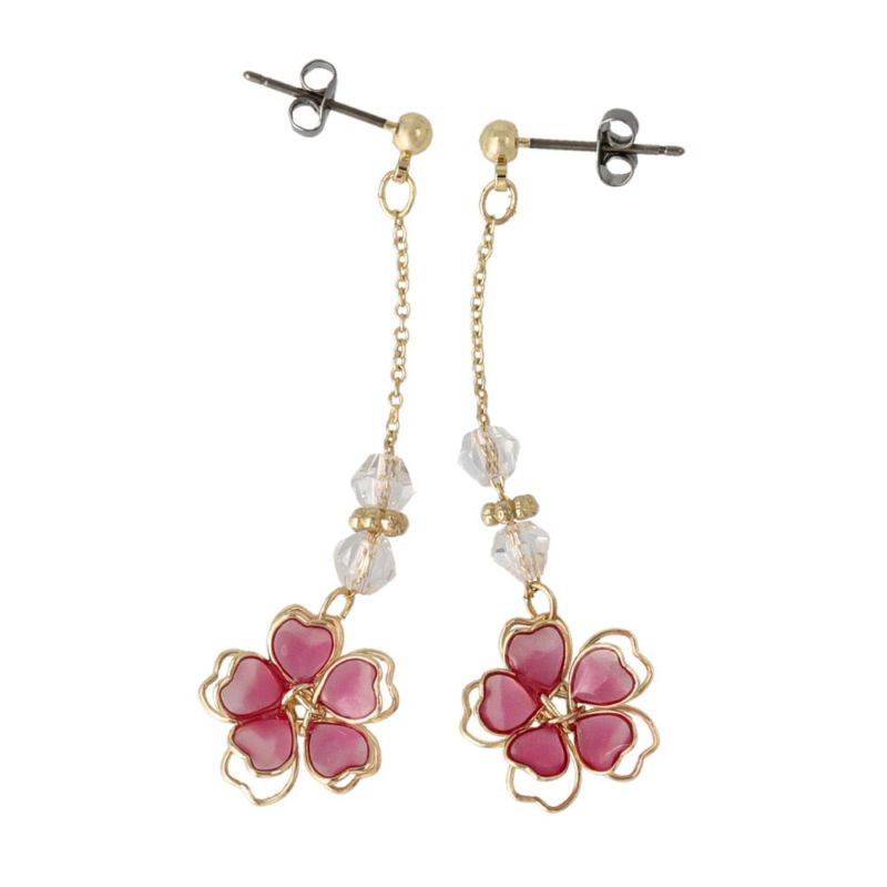 ピアス ニッケルフリー メタル ワイヤーフラワー 桜 クリア ビーズ チェーン チタンポスト スタッドピアス