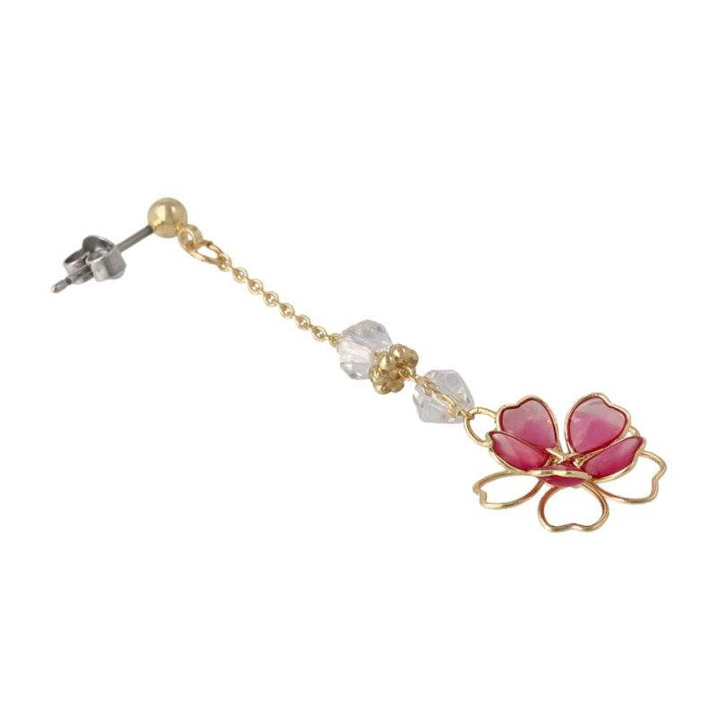 ピアス ニッケルフリー メタル ワイヤーフラワー 桜 クリア ビーズ チェーン チタンポスト スタッドピアス