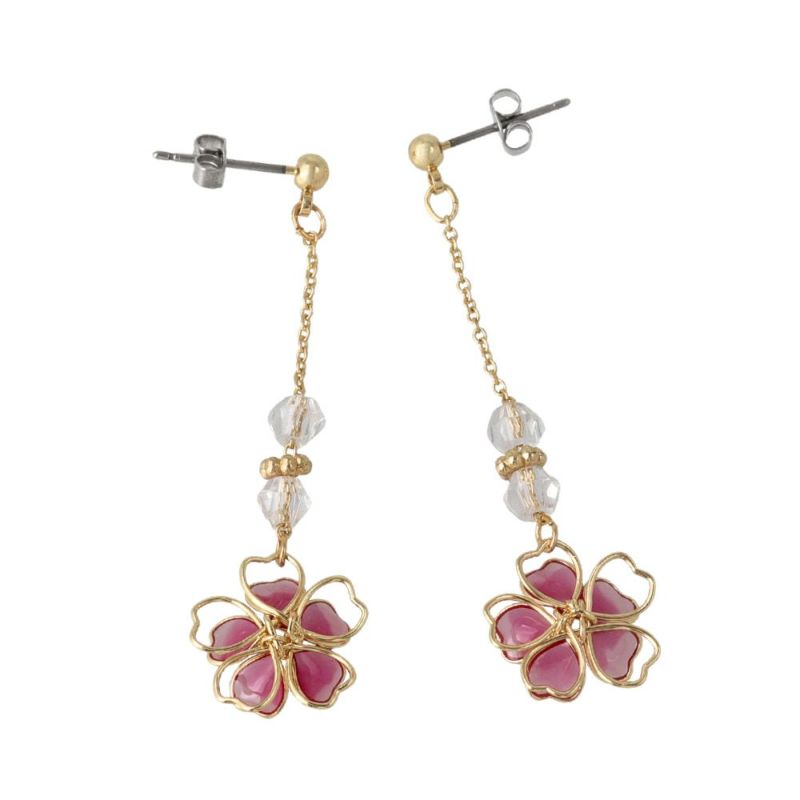 ピアス ニッケルフリー メタル ワイヤーフラワー 桜 クリア ビーズ チェーン チタンポスト スタッドピアス