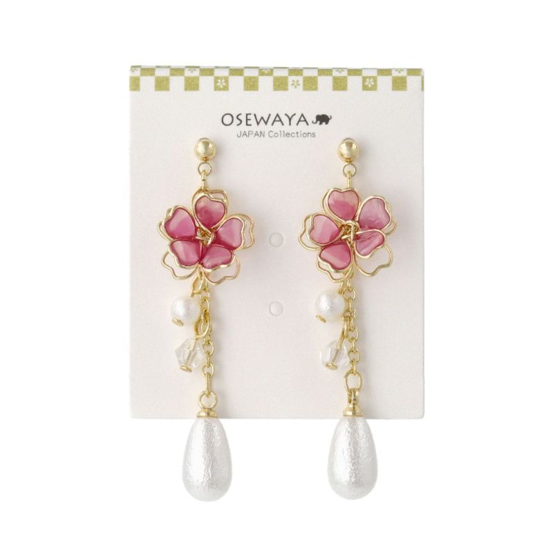 ピアス ニッケルフリー メタル ワイヤーフラワー 桜 ビーズ パール ドロップ チタンポスト スタッドピアス