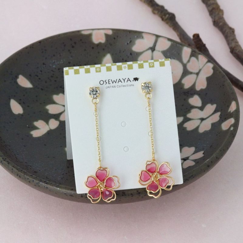 ピアス ニッケルフリー メタル ワイヤーフラワー 桜 ストーン チェーン チタンポスト スタッドピアス