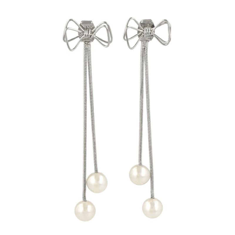 ピアス ニッケルフリー メタル リボン チェーン パール バックキャッチ スタッドピアス