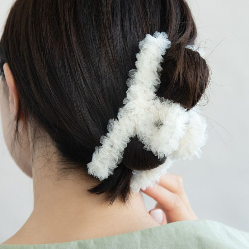 ヘアクリップ チュール フリル ボリューム アクリル クリア ロール バンスクリップ