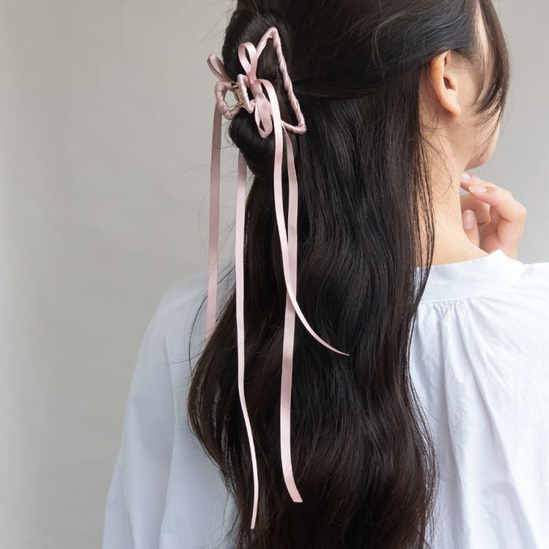 ヘアクリップ スリム ロング リボン メタル バンスクリップ