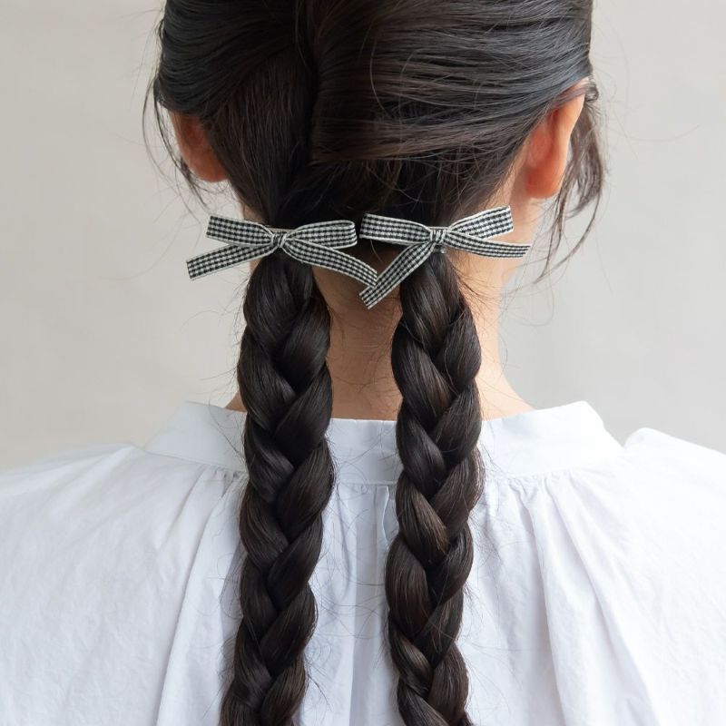 ヘアクリップ チェック リボン 2個セット ミニクリップ
