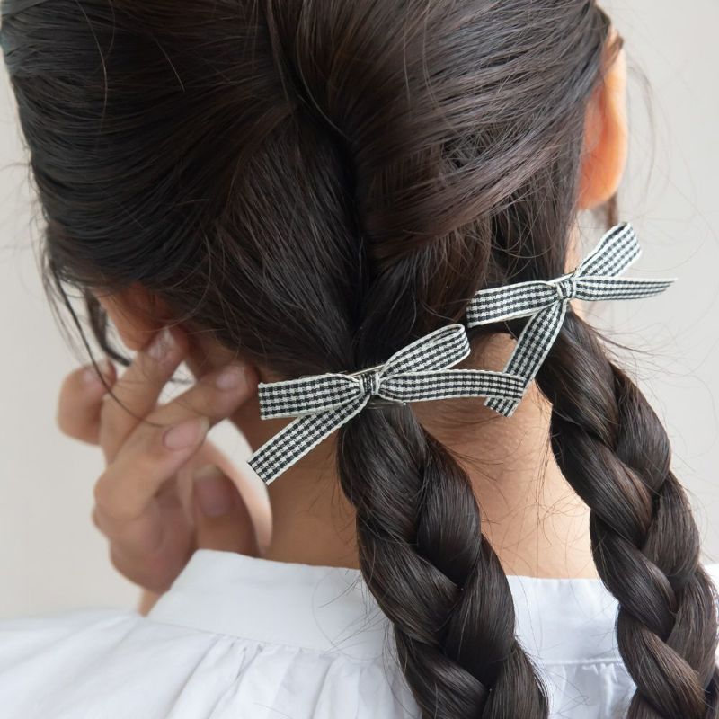 ヘアクリップ チェック リボン 2個セット ミニクリップ
