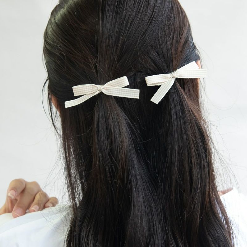 ヘアクリップ チェック リボン 2個セット ミニクリップ