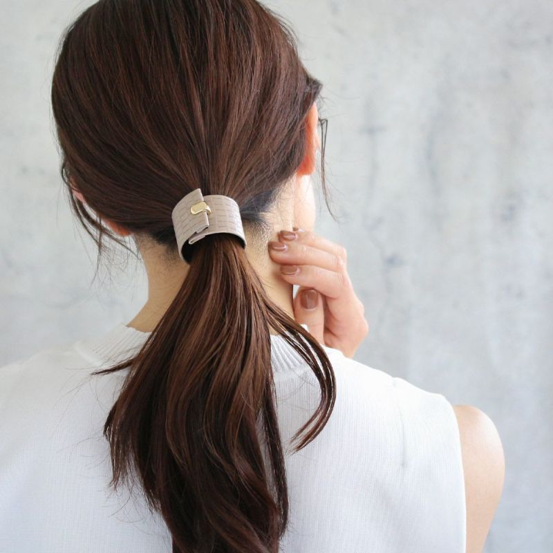 ヘアカフ フェイクレザー クロコダイル風 メタル クラップカフ ヘアポニー ポニーフック