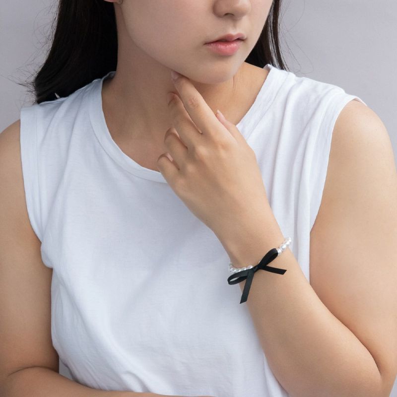 ブレスレット ニッケルフリー パール ブラック スリム リボン ブレスレット