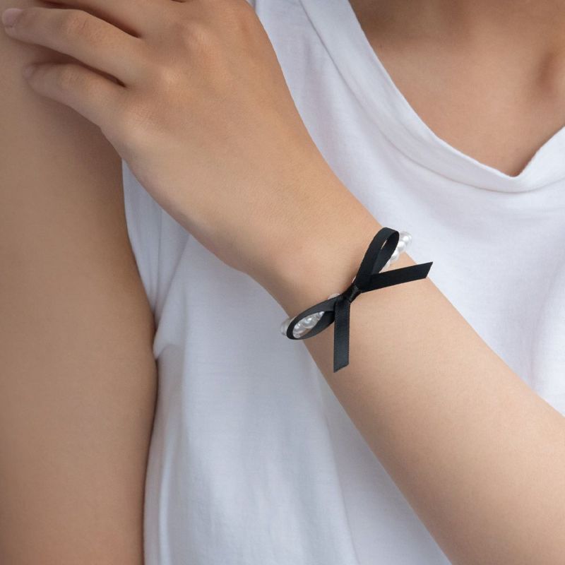 ブレスレット ニッケルフリー パール ブラック スリム リボン ブレスレット