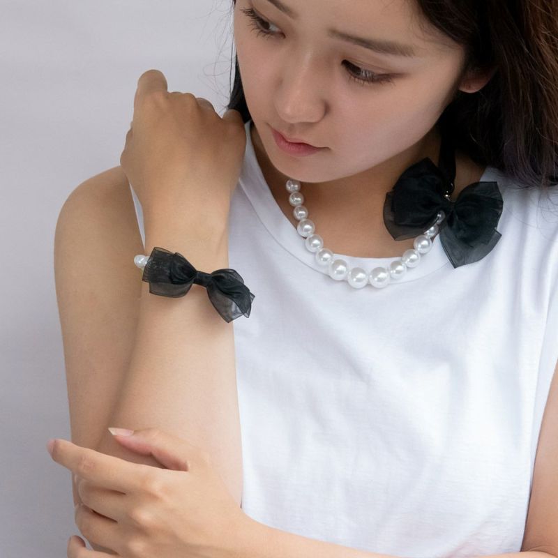 ブレスレット ニッケルフリー パール ブラック シアー リボン ブレスレット