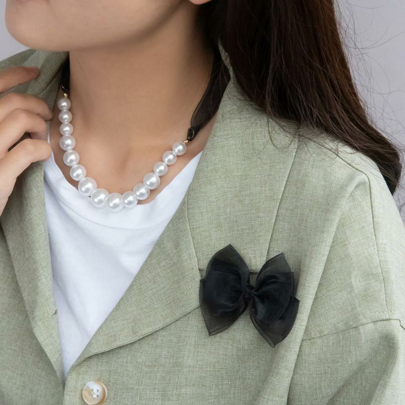 ネックレス ニッケルフリー ハーフ グラデーション パール ブラック シアー リボン 2way ブローチネックレス ショートネックレス