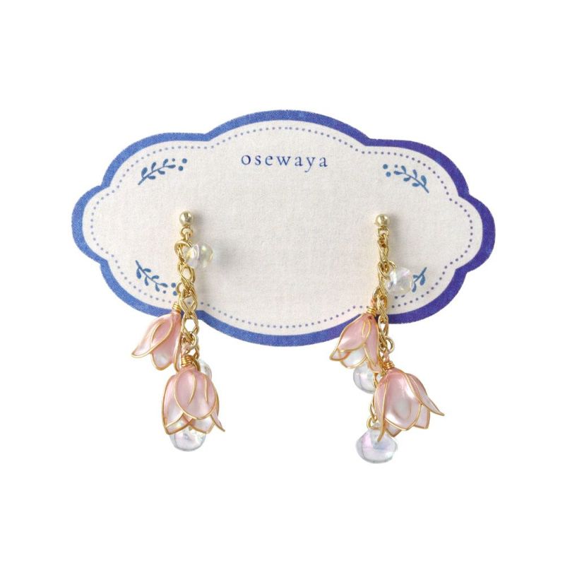 ピアス ニッケルフリー メタル ワイヤーフラワー クリア ビーズ チェーン チタンポスト スタッドピアス