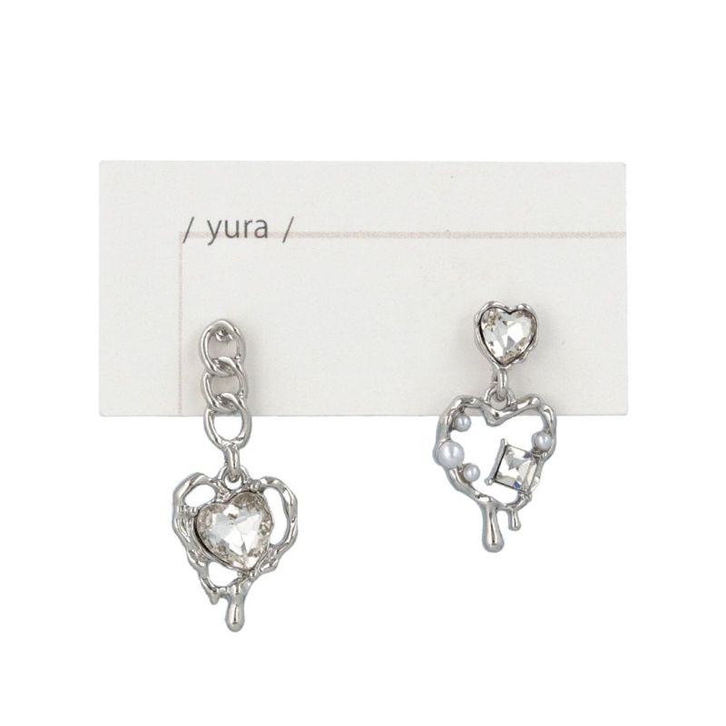 ピアス yura ニッケルフリー メタル メルト ハート ストーン パール チェーン チタンポスト スタッドピアス