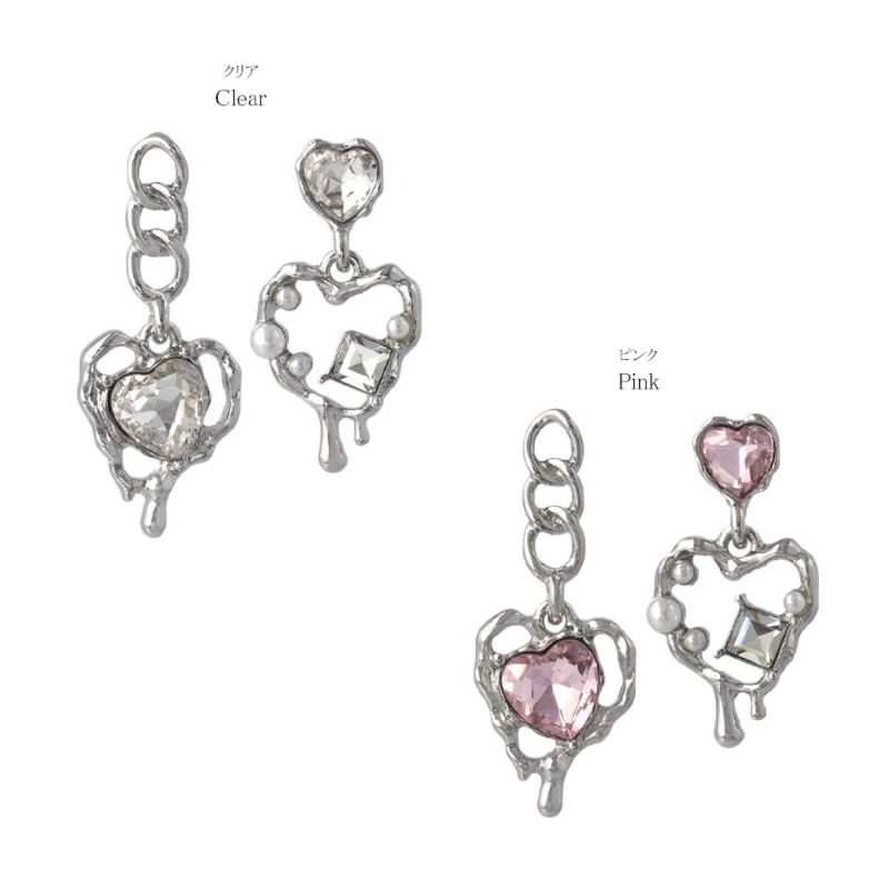 ピアス yura ニッケルフリー メタル メルト ハート ストーン パール チェーン チタンポスト スタッドピアス