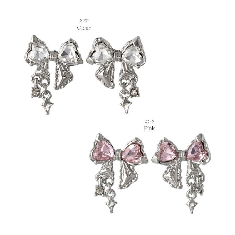 ピアス yura ニッケルフリー メタル リボン ハート ストーン チタンポスト スタッドピアス