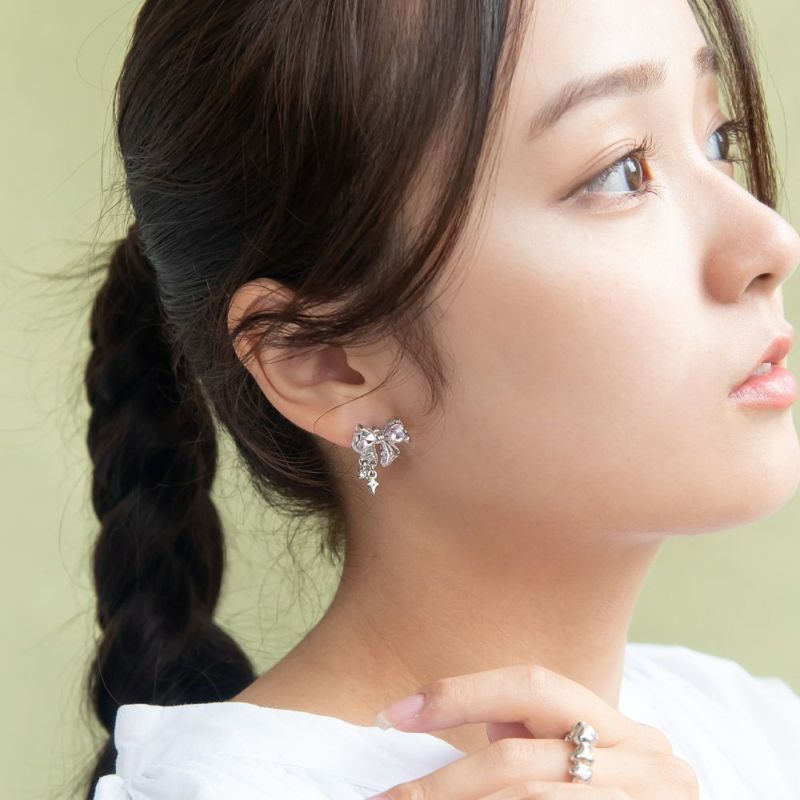 ピアス yura ニッケルフリー メタル リボン ハート ストーン チタンポスト スタッドピアス