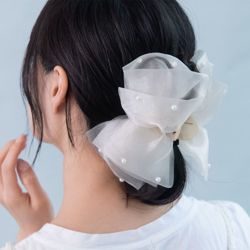ヘアクリップ シアー オーガンジー パール付き ボリューム リボン バンスクリップ