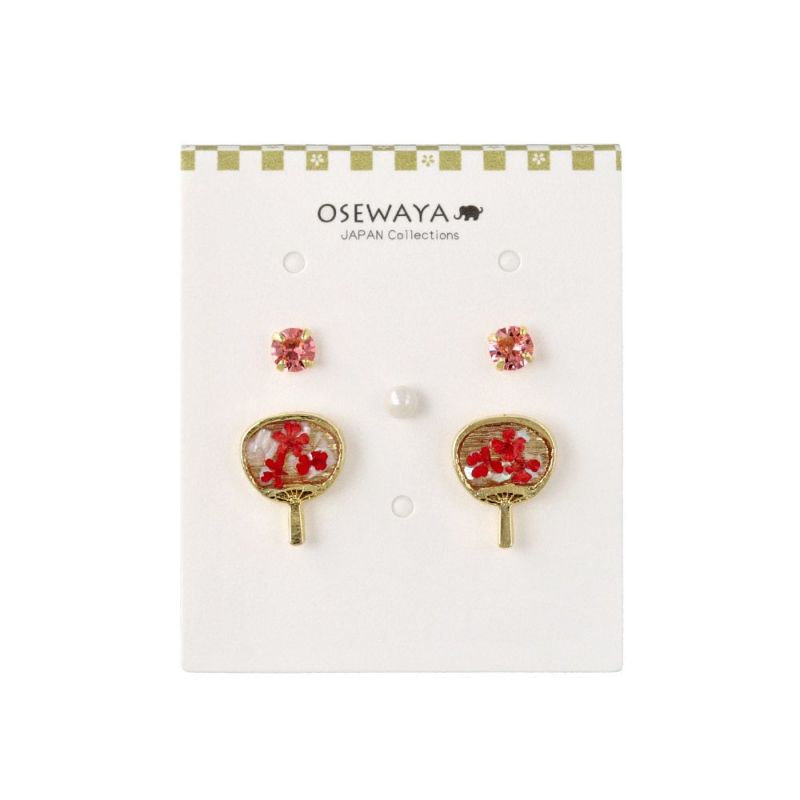 ピアス 団扇 ドライフラワー封入 カラーストーン パール 5個セット チタンポスト ステンレスポスト スタッドピアス