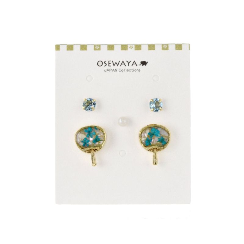 ピアス 団扇 ドライフラワー封入 カラーストーン パール 5個セット チタンポスト ステンレスポスト スタッドピアス