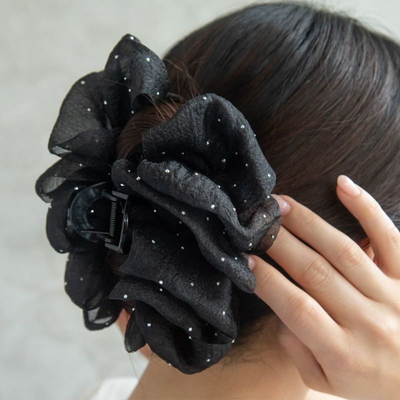 ヘアクリップ ドット ボリューム フリル ブラック バンスクリップ