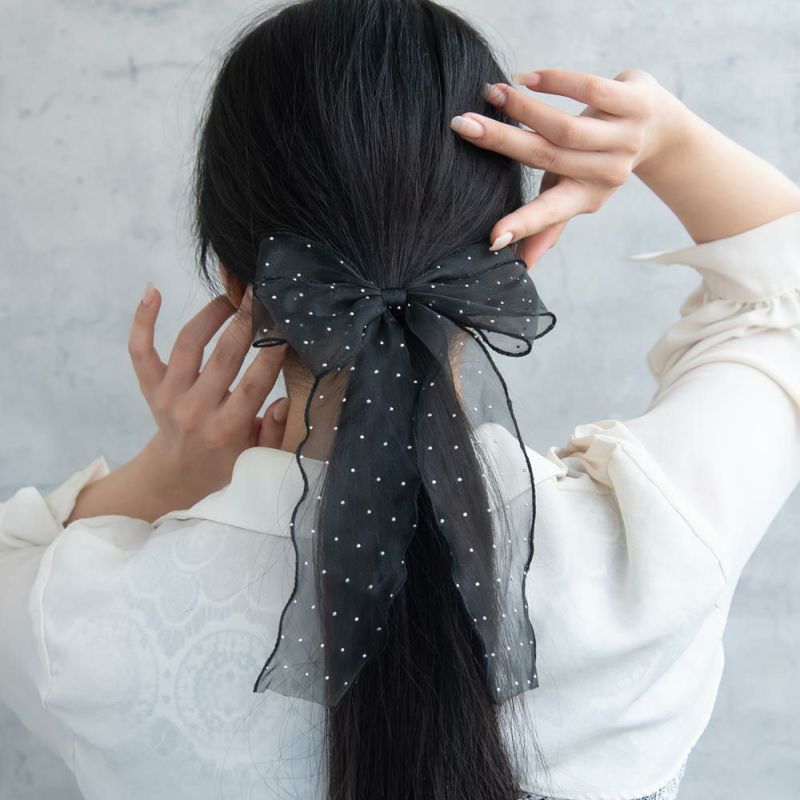 ヘアゴム ダブル ロング リボン シアー ドット パイピング ヘアポニー