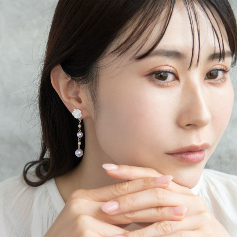 樹脂ピアス ローズ カラー パール チェーン バックキャッチ スタッドピアス