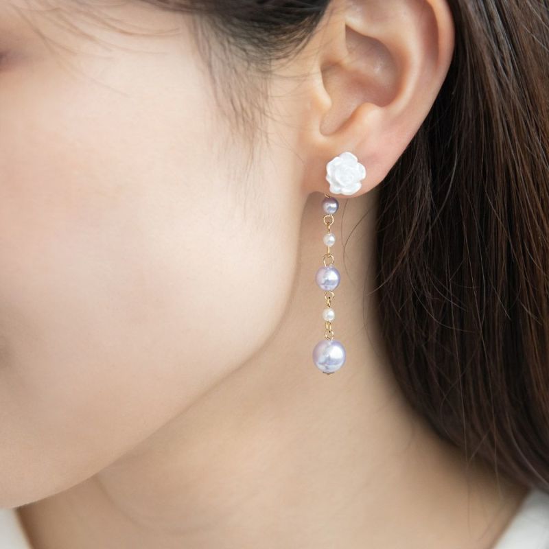 樹脂ピアス ローズ カラー パール チェーン バックキャッチ スタッドピアス