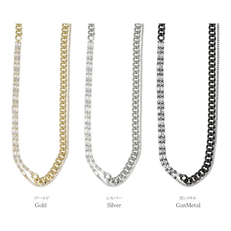 ネックレス ニッケルフリー メタル キュービックジルコニア レクタングル アクセント キヘイチェーン ショートネックレス