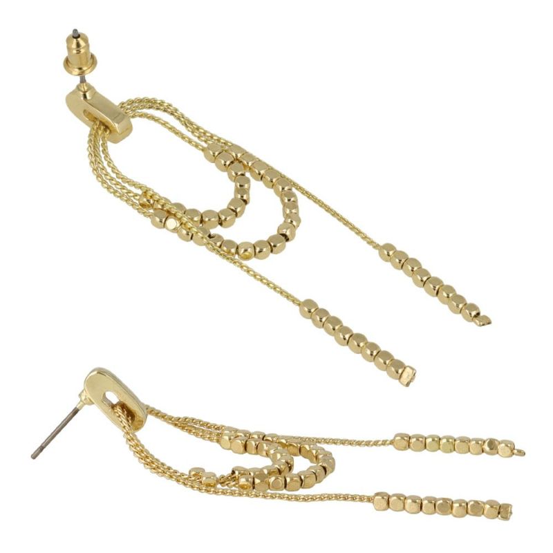 ピアス grain. ニッケルフリー メタル ビーズ スクエアー チェーン 2連風 オーバル チタンポスト スタッドピアス