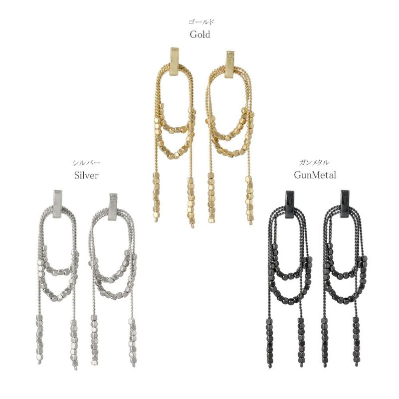 ピアス grain. ニッケルフリー メタル ビーズ スクエアー チェーン 2連風 オーバル チタンポスト スタッドピアス