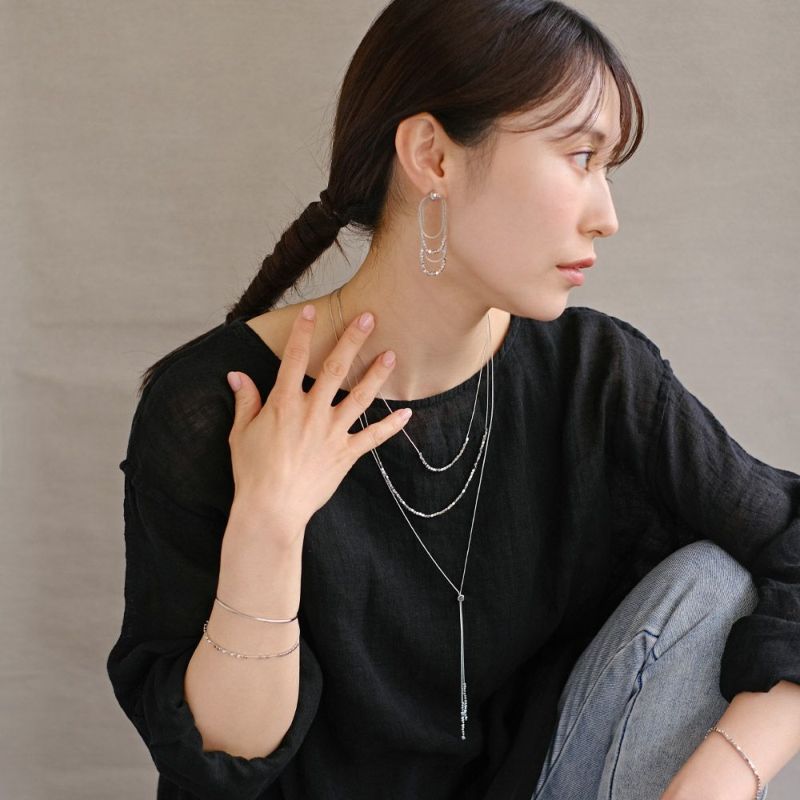 ピアス grain. ニッケルフリー メタル ビーズ スクエアー チェーン 4連 オーバル チタンポスト スタッドピアス