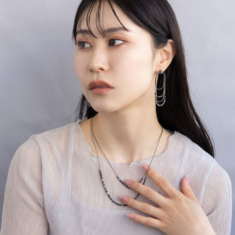 ピアス grain. ニッケルフリー メタル ビーズ スクエアー チェーン 4連 オーバル チタンポスト スタッドピアス