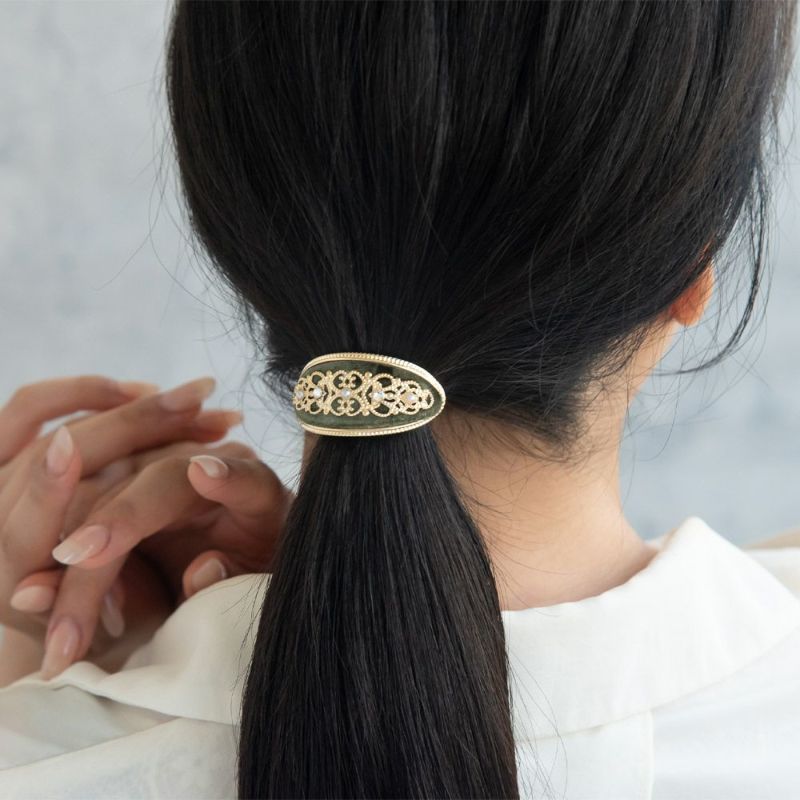 ヘアカフ メタル フレーム 透かし ストーン パール ベロア風 ヘアポニー ポニーフック