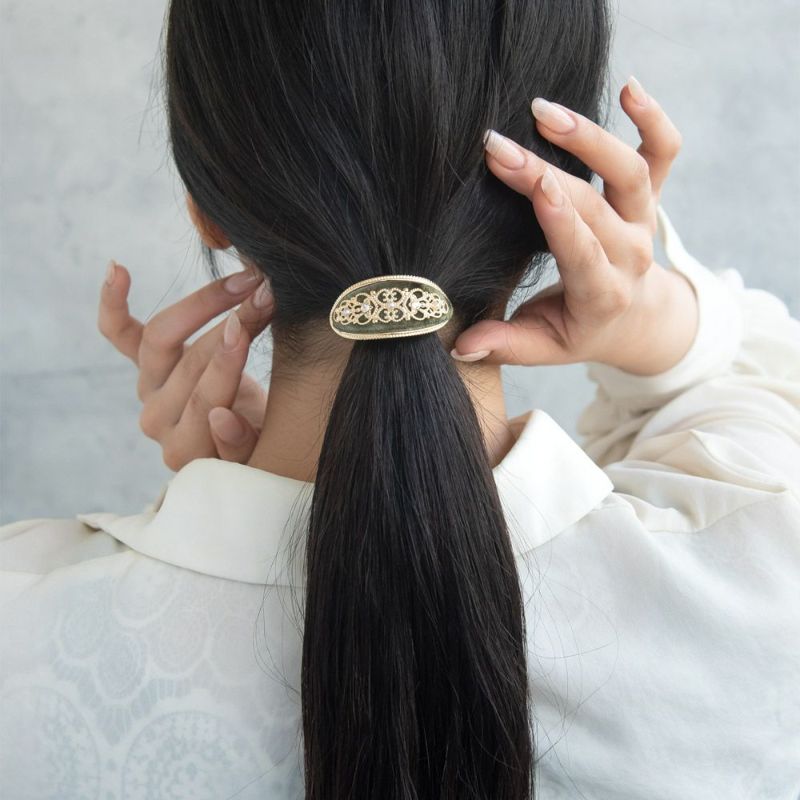 ヘアカフ メタル フレーム 透かし ストーン パール ベロア風 ヘアポニー ポニーフック