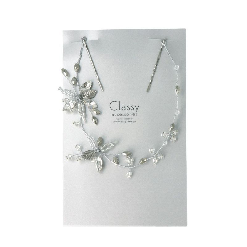 Classy ヘッドドレス メタル リーフ アーモンド ビジュー クリア ビーズ ワイヤー ヘアピン