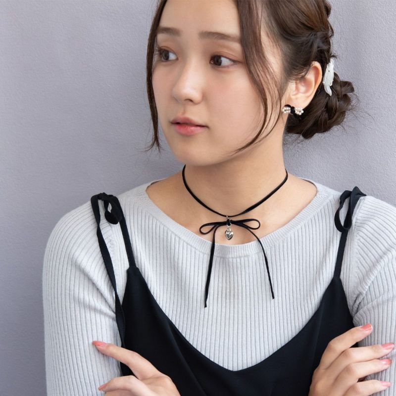 ネックレス ニッケルフリー メタル ミニ ハート ベロア風 ロング スリム リボン チョーカー
