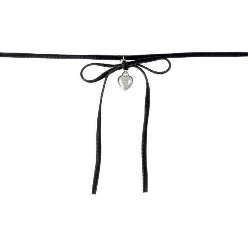 ネックレス ニッケルフリー メタル ミニ ハート ベロア風 ロング スリム リボン チョーカー