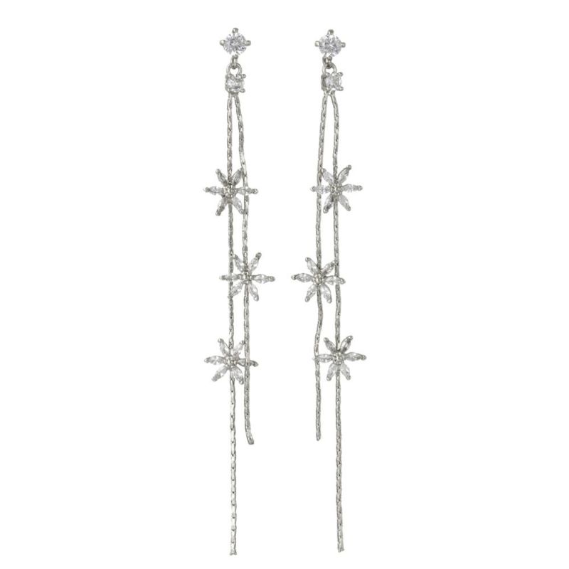 ピアス ニッケルフリー メタル キュービックジルコニア ロング チェーン フラワー 花 ステンレスポスト スタッドピアス