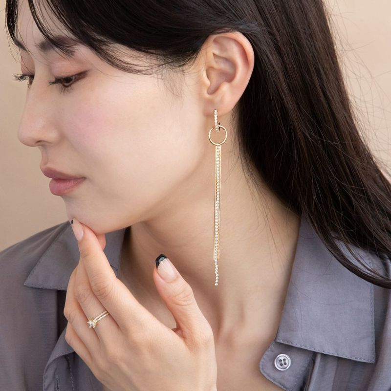 ピアス ニッケルフリー メタル ロング ミニ ストーン チェーン カーブ リング ステンレスポスト スタッドピアス